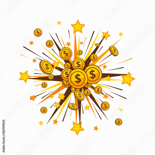 Explosion of Gold Coins and Stars Symbolizing Financial Success and Prosperity