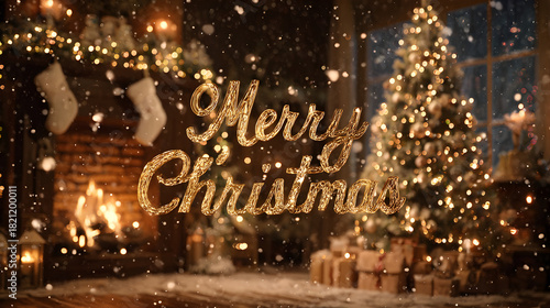 Golden Merry Christmas wishes with a warm fireplace and twinkling Christmas tree lights creating a festive holiday mood filled with joy and celebration