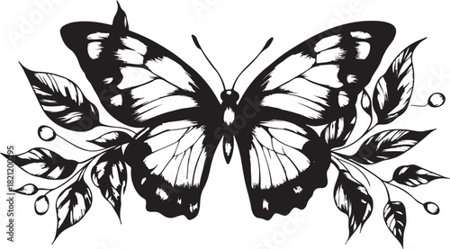 Black and white butterfly vector illustration, a beautiful insect design with detailed swallowtail wings, perfect for a nature-inspired tattoo pattern