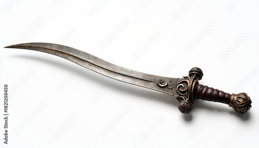 Obraz premium Ornate curved saber sword with ornate hilt rests on clean white surface. Antique weapon displays intricate metalwork and leather grip. Historical artifact.