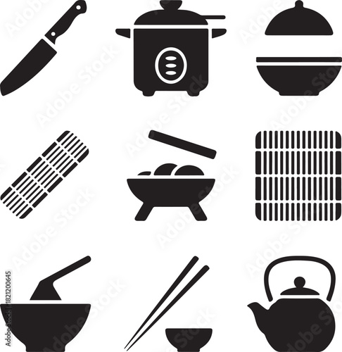 Asian food, sushi roll, rice cooker, chopsticks eating, miso soup bowl, chef knife