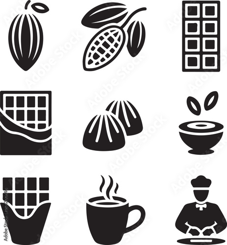 Chocolate bar, cocoa bean, praline candy, hot chocolate cup, chef making dessert