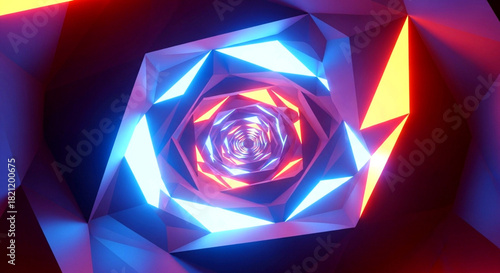 Abstract neon glowing geometric tunnel with blue and orange light in dark space