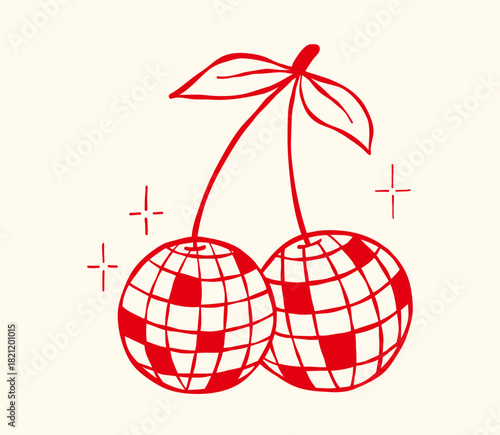 Disco ball cherry with stars. Hand drawn vector illustration. Whimsical mirror balls, doodle party or club symbol