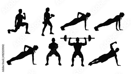 Fitness and workout exercise silhouettes isolated on white background, Vector
