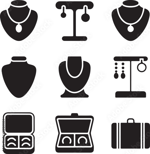 Jewelry icons, necklace pendant, earrings stud, jewelry box, mannequin stand, luxury accessory