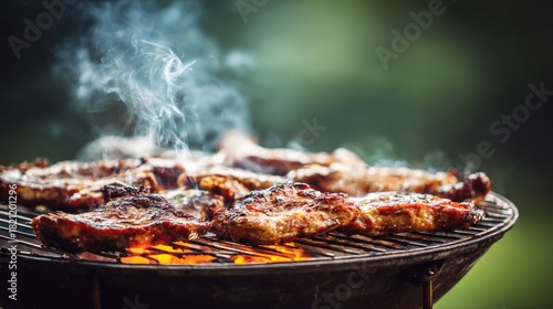 Juicy seasoned meat sizzles over glowing hot coals on an outdoor cooking apparatus