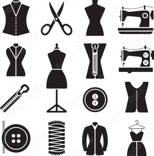 Sewing icons, tailoring tools, mannequin dummy, scissors cut, sewing machine, zipper fastener