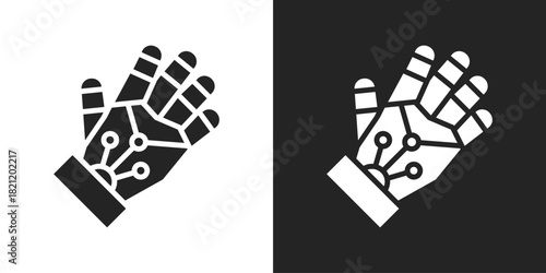 Hand Robot Icon In Black And White Glyph Style