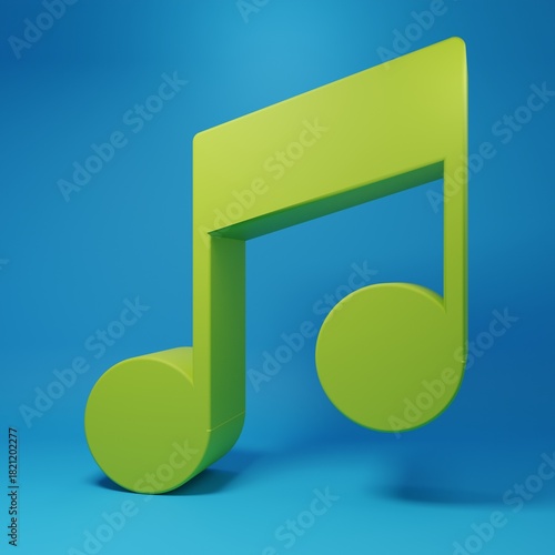 Green Music note, tone icon isolated on blue background. Minimalism concept. 3D render illustration