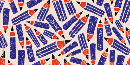 Pencils pattern with charcoal texture. School seamless pattern of doodle stationery for write. Sketch crayon background of kids education concept with pencils, vector hand drawn illustration