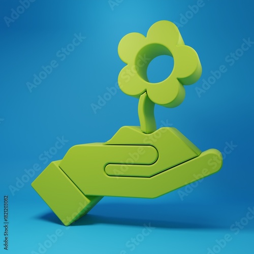 Green Hand holding flower icon isolated on blue background. Seed and seedling. Planting sapling. Ecology concept. Minimalism concept. 3D render illustration