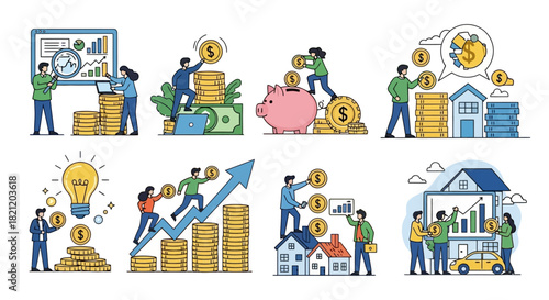 A collection of flat vector illustrations depicting various financial concepts such as investment, savings, wealth management, and market analysis for business growth