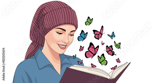 A woman finds solace and inspiration in the pages of a book, as colorful butterflies emerge, symbolizing hope, transformation, and freedom