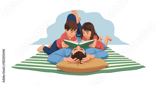 A Father's Love Reading Together with Children in Peaceful Domesticity