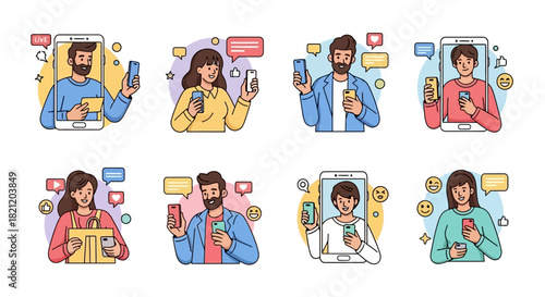 Diverse Avatar Collection Users Engaging on Smartphones with Speech Bubbles