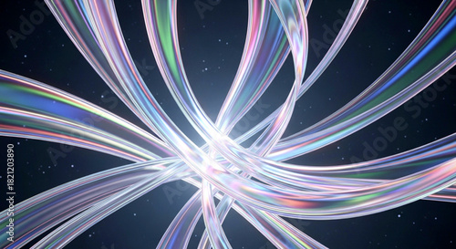 Abstract iridescent light fiber optic cable tangle in dark space background