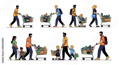 Diverse Families Grocery Shopping Modern Vector Art of People with Shopping Carts