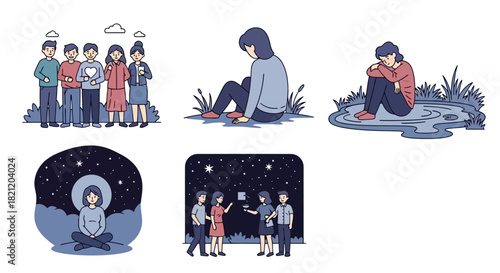 Illustrative depictions of diverse emotional states, encompassing loneliness, camaraderie, and introspection