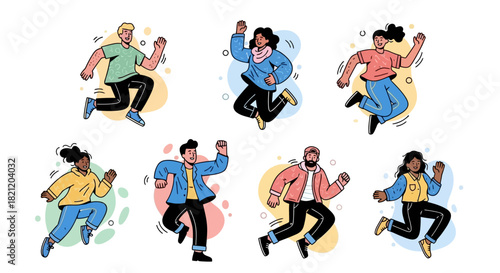 Diverse group of people jumping joyfully in a cartoon illustration