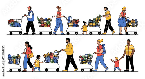 A collection of diverse people and families pushing shopping carts full of groceries, illustrating consumer behavior and daily life