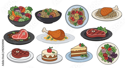 A delightful collection of diverse culinary dishes, showcasing various gourmet meals, healthy options, and decadent desserts for a comprehensive dining experience and food theme