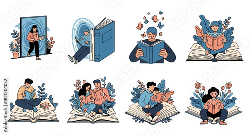 Collection of enchanting illustrations showing individuals and families deeply engaged in the magical and imaginative world of reading books