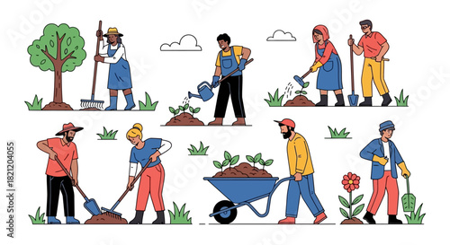 Set of diverse characters engaged in gardening and farming activities, including planting trees, watering seedlings, and cultivating the soil
