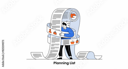 Man holding a long scroll with a planning list and various icons representing different categories