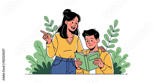 Supportive learning woman helping boy read book with nature background