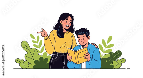 A Mother Helping Her Son with His Studies in a Leafy Setting, Representing Family Support and Education