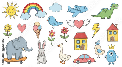 Whimsical cartoon element collection featuring adorable animals, common objects, and bright nature illustrations in a cute hand-drawn style for creative projects