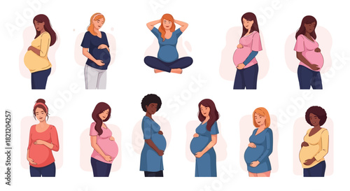 A vibrant set of diverse illustrations showcasing pregnant women in various stages of expectancy, celebrating motherhood, new life, and the unique journey of each expectant mother