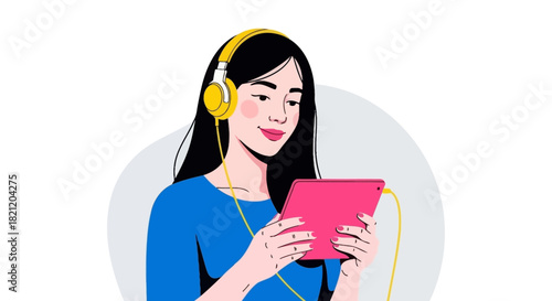 Young woman using tablet and headphones, listening to music or an audiobook, enjoying media