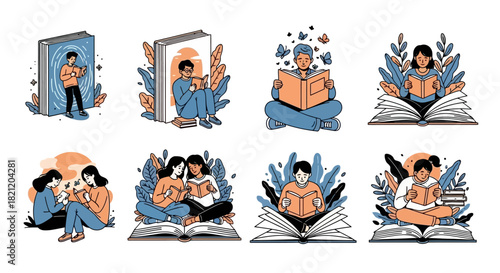 Collection of diverse people engaging in the simple and fulfilling act of reading books, surrounded by lush greenery, symbolizing knowledge and growth