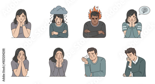 Set of icons depicting various negative emotions and mental health struggles
