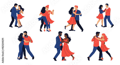 Diverse Couples Dancing A Collection of Illustrations Featuring Dynamic Movement and Passionate Expressions