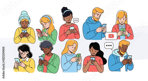 Diverse group of people absorbed in their smartphones, illustrating contemporary digital communication and online social engagement