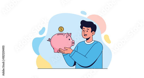 Man Saving Money Placing a Coin into Piggy Bank for Financial Security and Future Growth
