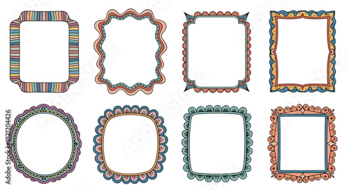 A collection of eight hand-drawn decorative frames and borders, featuring colorful doodle patterns and various shapes, isolated on a white background