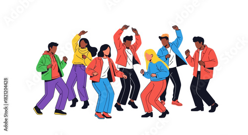 Energetic group of diverse young people joyfully dancing and celebrating together, showcasing vibrant moves and a lively atmosphere at a casual gathering or party