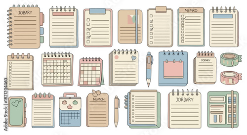 A collection of various planners, calendars, notepads, and stationery items in a flat design style