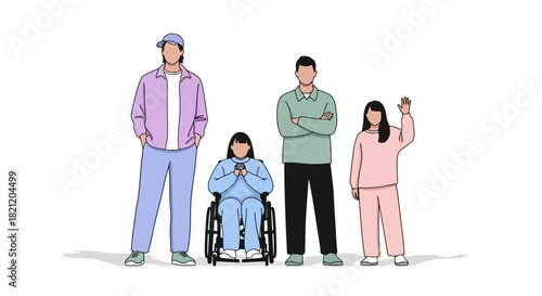 Diverse group of people, including a person in a wheelchair, standing and interacting on a white background, promoting inclusivity and equality