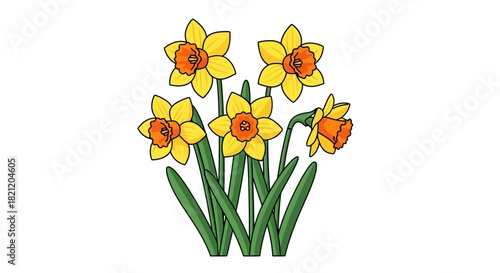 A cluster of five yellow daffodils with green stems and leaves, depicted in a simple illustration style