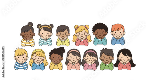 A cheerful and diverse group of smiling children, representing multicultural joy, friendship, and the innocence of childhood togetherness