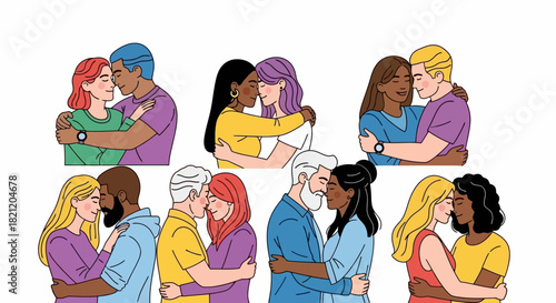Diverse couples embracing and sharing intimate moments, celebrating love and connection