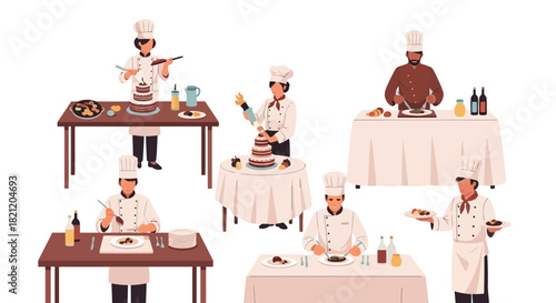 A collection of professional male chefs in uniform preparing and decorating a variety of gourmet dishes and desserts