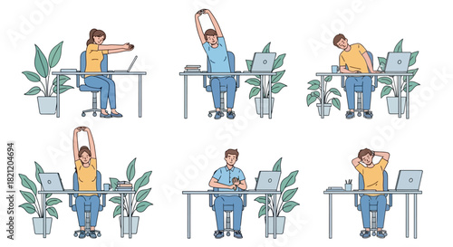 Office Desk Exercise Routine Illustrated guide for employees stretching to relieve back pain and improve focus