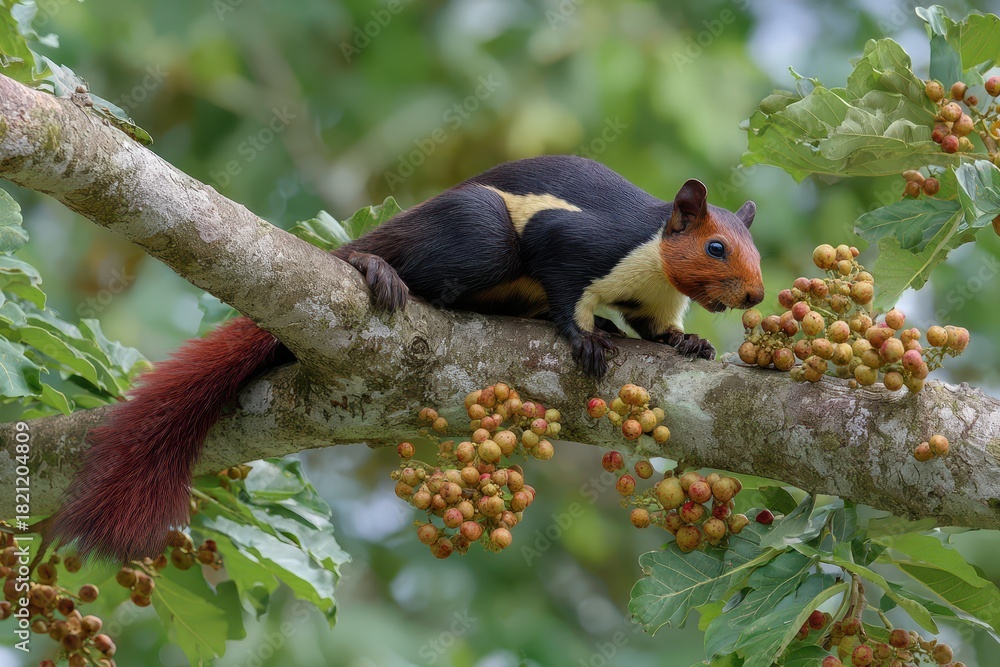 Fototapeta premium Majestic Indian Giant Squirrel Feasting on Banyan Berries Amidst Verdant Forest Canopy