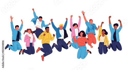 Joyful multicultural team of friends or colleagues celebrating success together by jumping with excitement on a white background